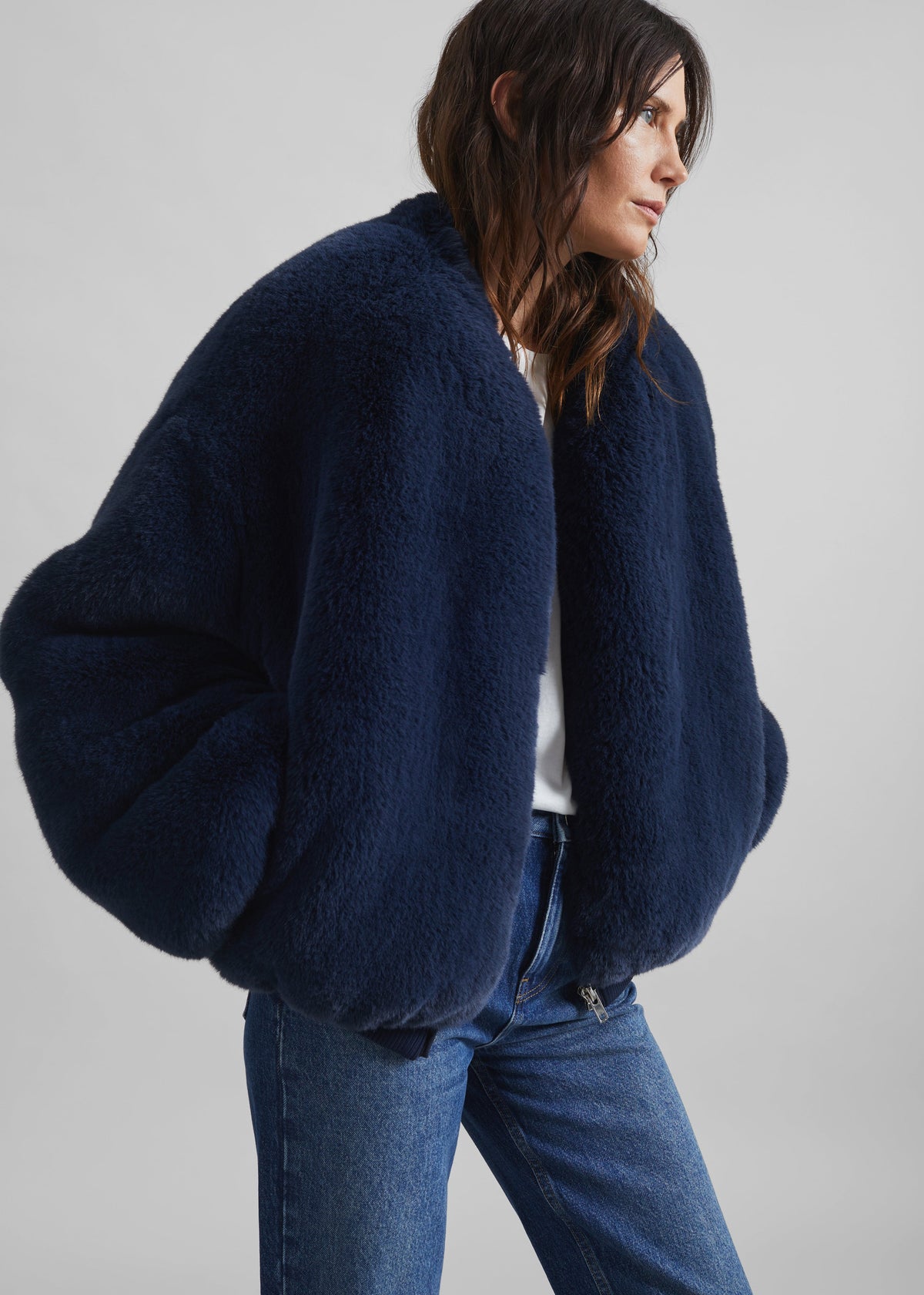 Senna Faux Fur Collarless Jacket - Navy β view 6 of 8