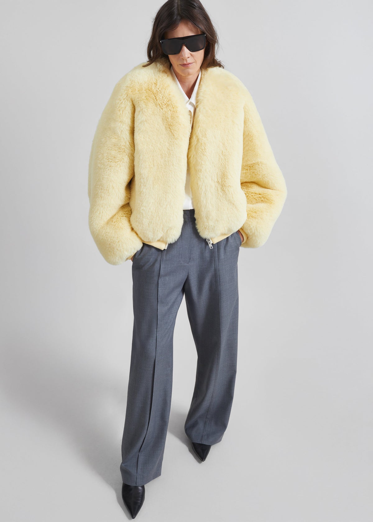 Senna Faux Fur Collarless Jacket - Pale Yellow β view 5 of 7