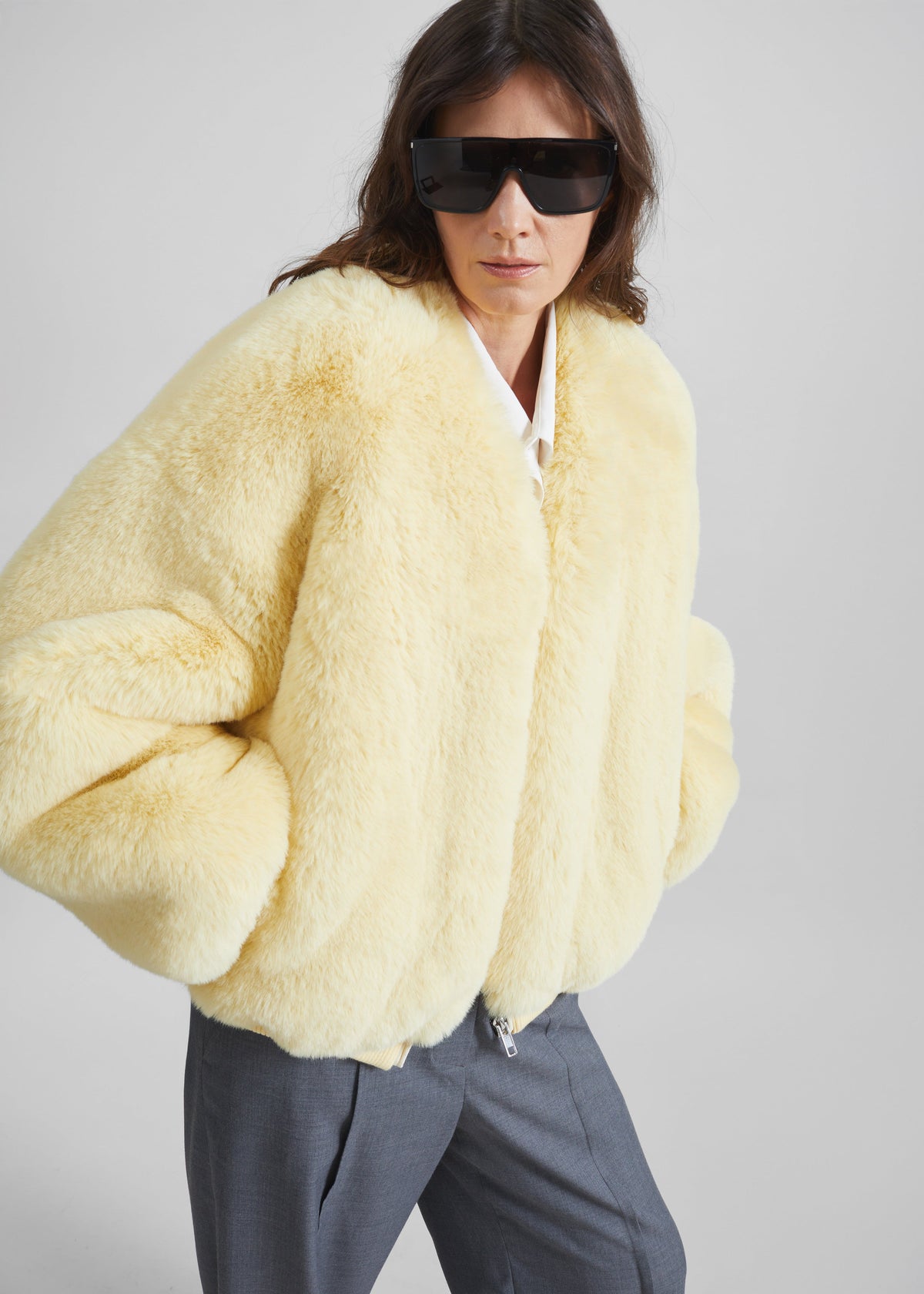 Senna Faux Fur Collarless Jacket - Pale Yellow β view 4 of 7