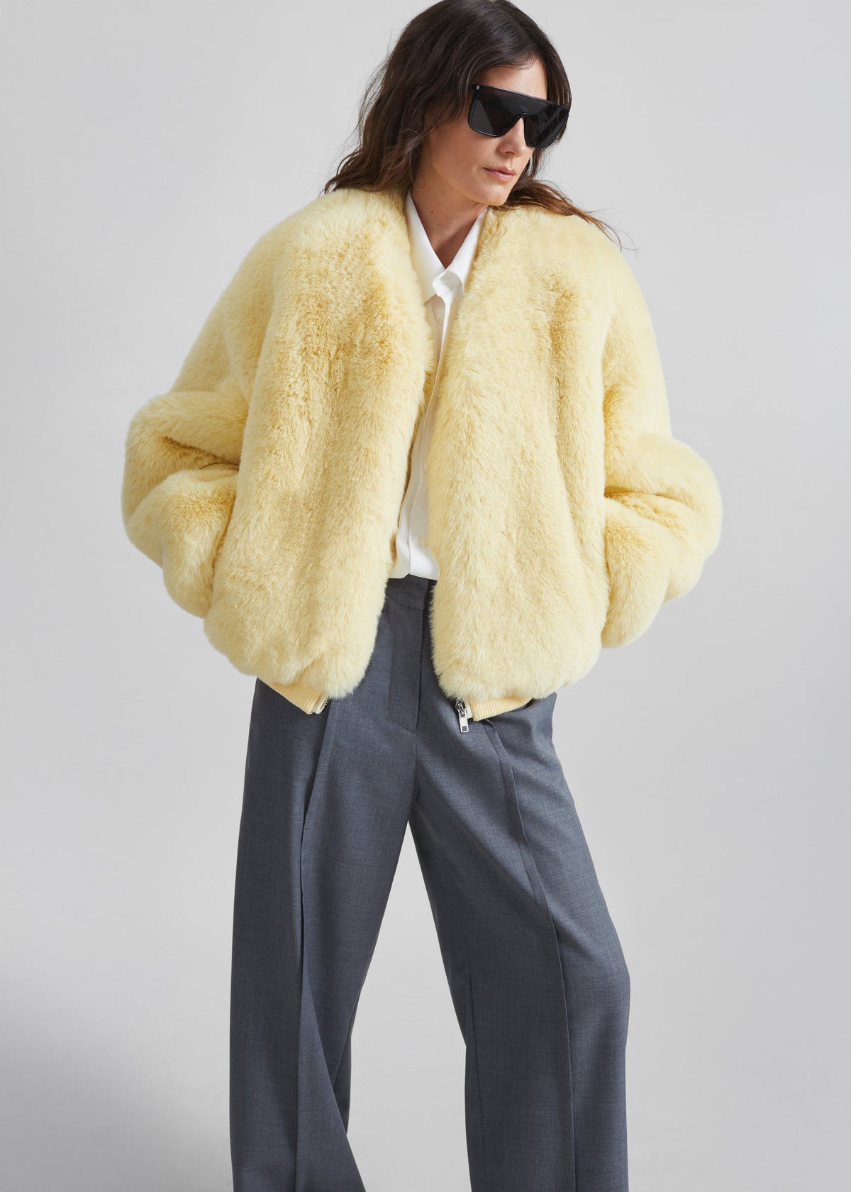 Senna Faux Fur Collarless Jacket - Pale Yellow β view 2 of 7