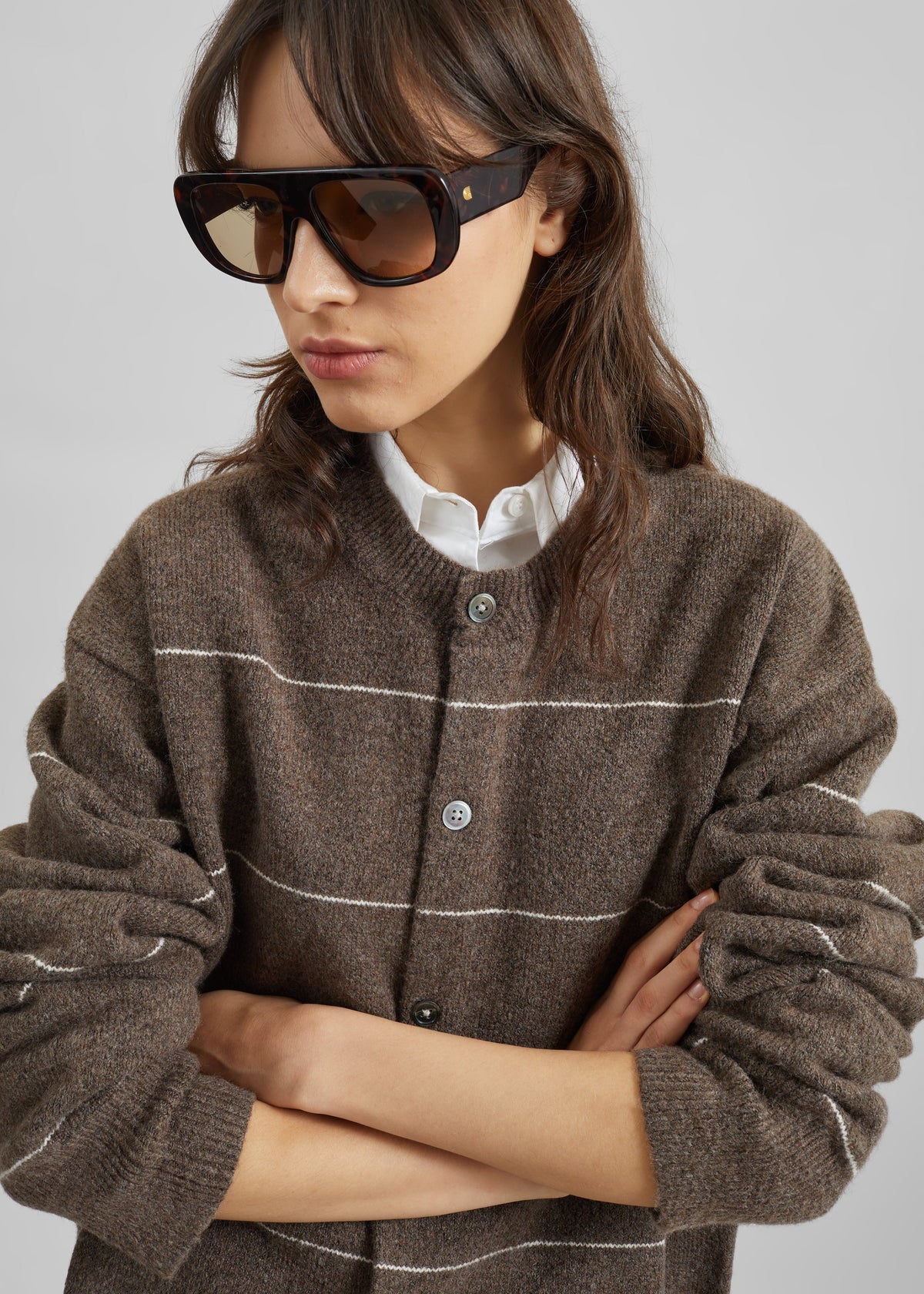 Stenvad Crewneck Cardigan - Brown/White Stripe β view 3 of 6