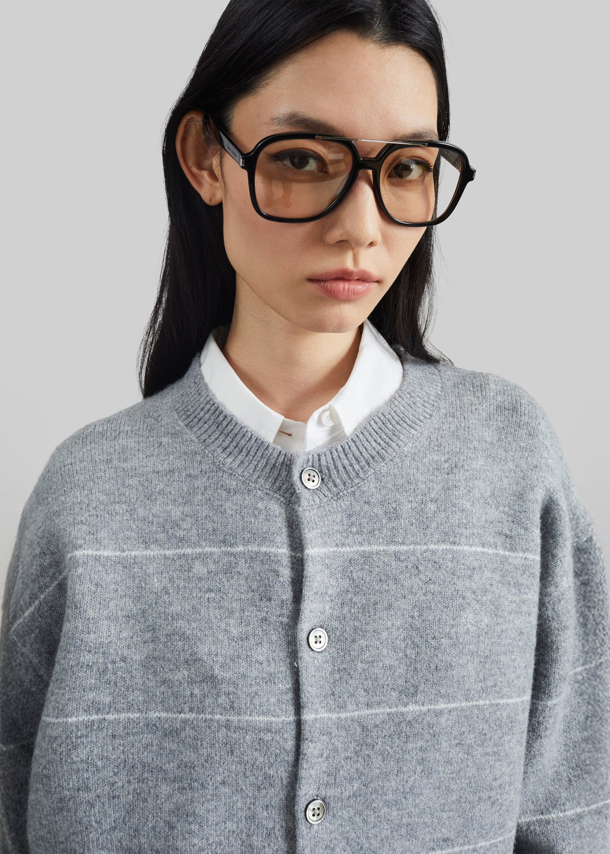 Stenvad Crewneck Cardigan - Grey/White Stripe β view 3 of 7