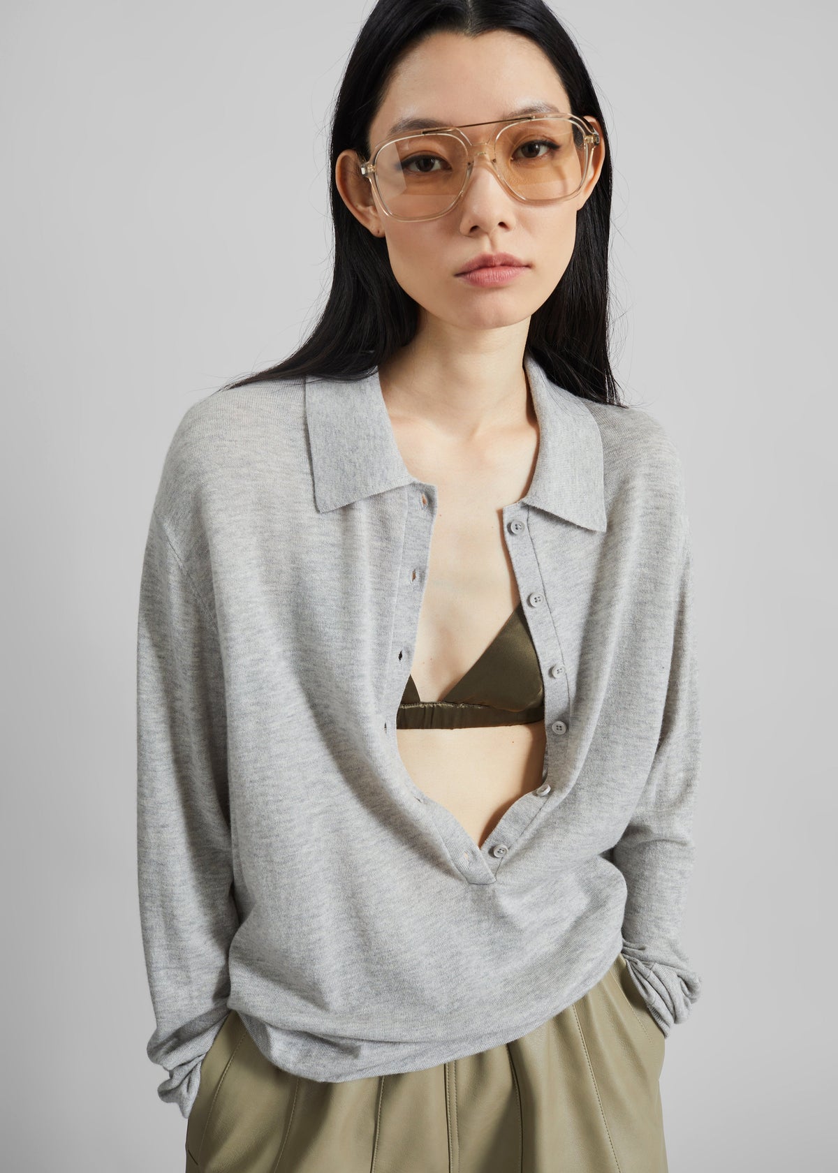 Tala Knit V-Neck Polo - Light Grey β view 4 of 8