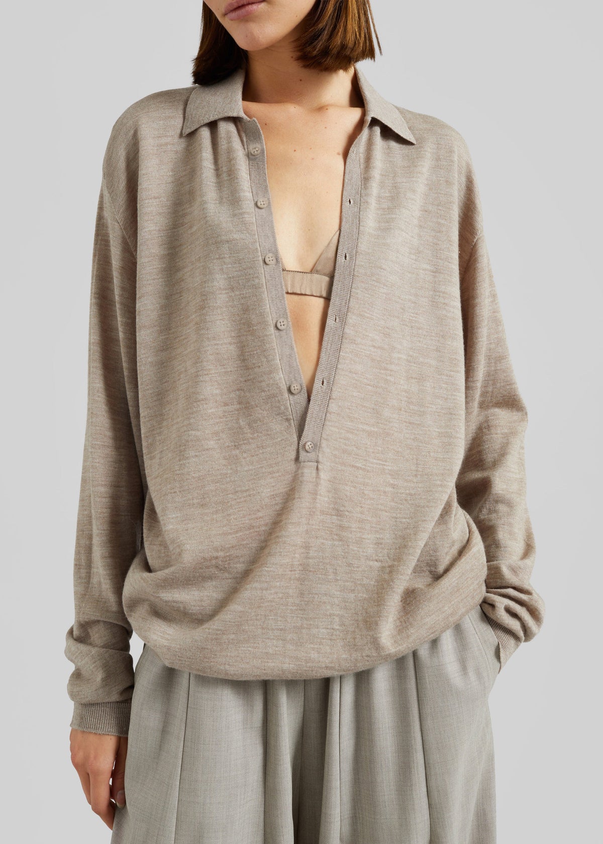 Tala Knit V-Neck Polo - Taupe Melange β view 5 of 12