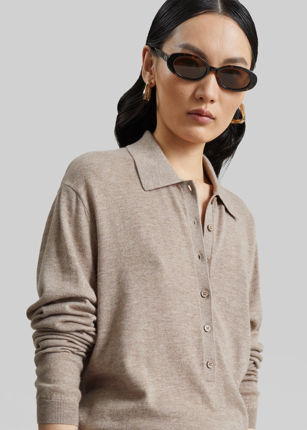 Tala Knit V-Neck Polo - Taupe Melange β view 8 of 12