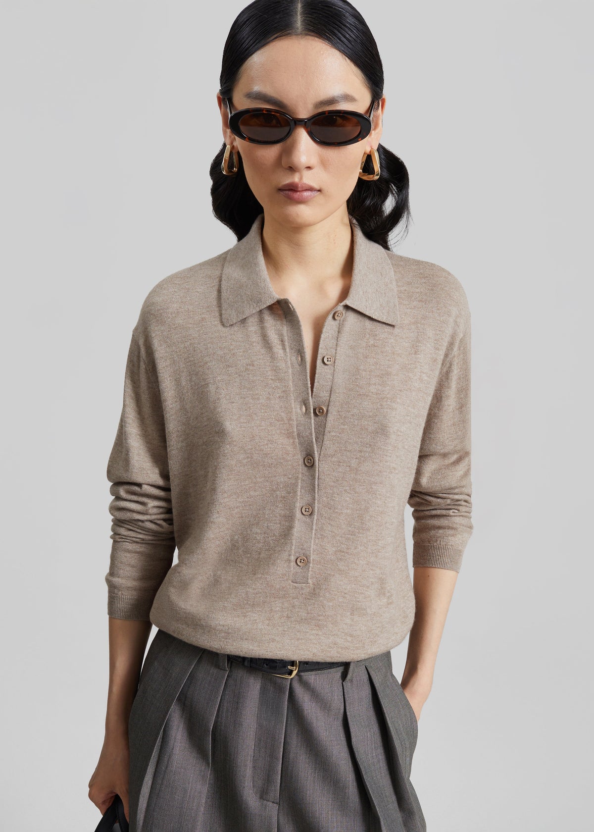 Tala Knit V-Neck Polo - Taupe Melange β view 10 of 12