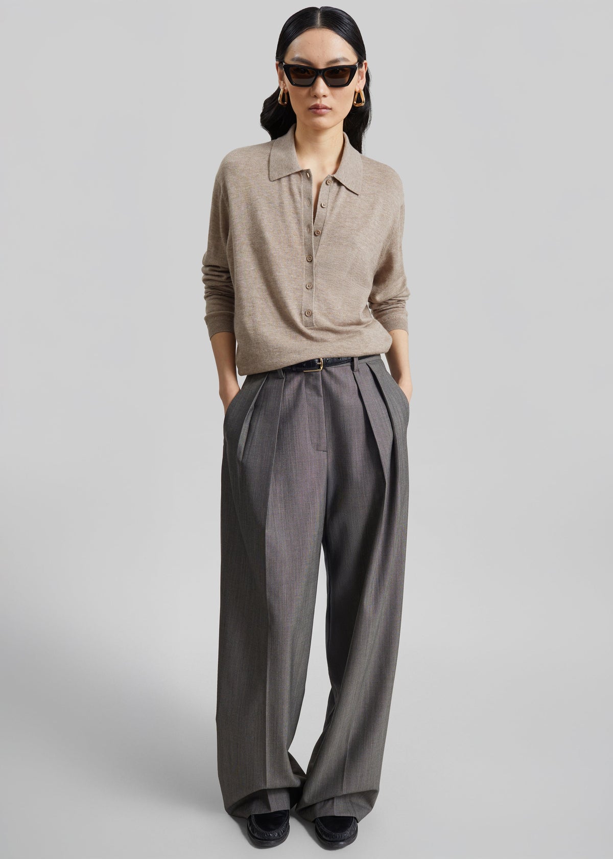 Tala Knit V-Neck Polo - Taupe Melange β view 9 of 12