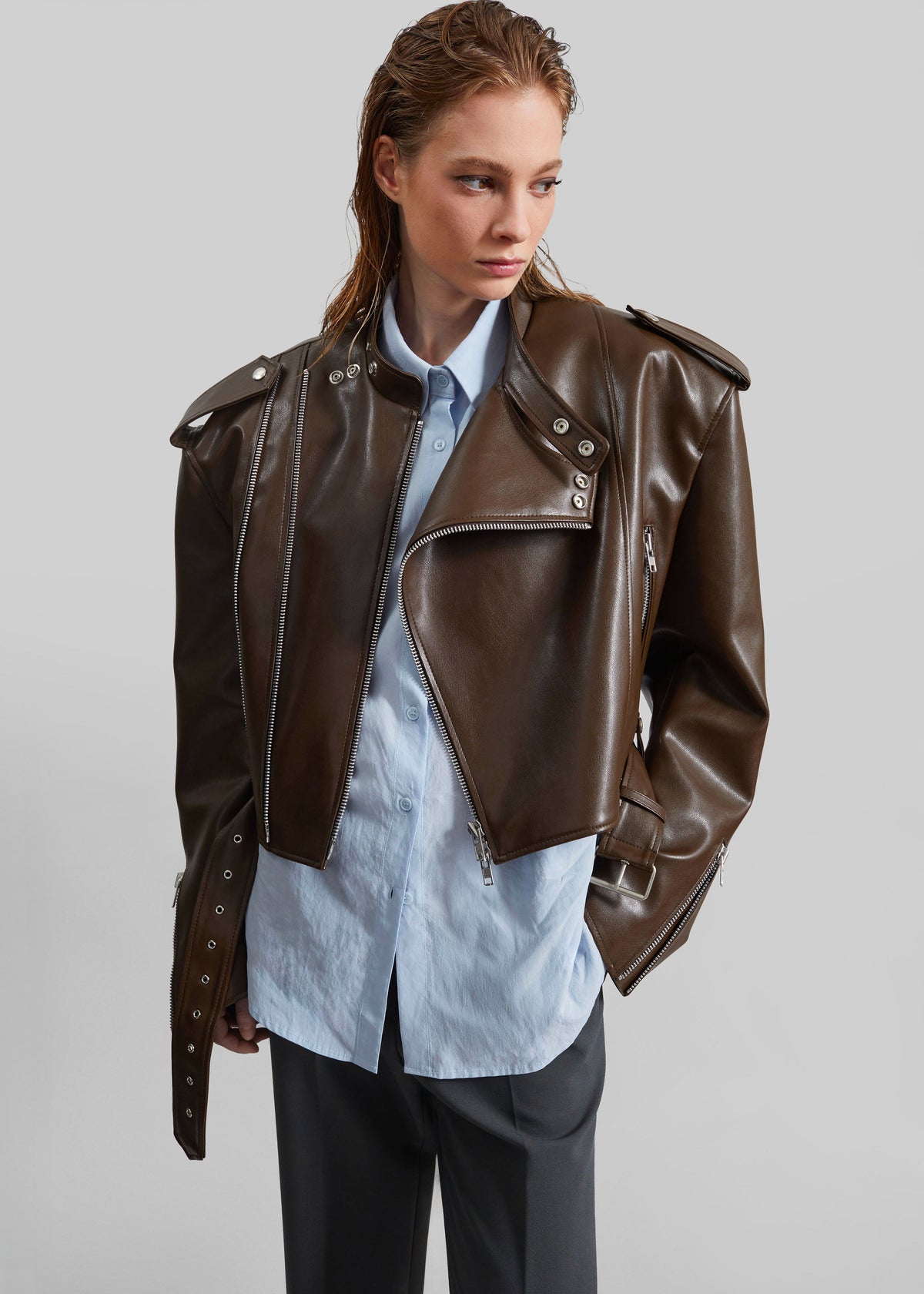 Teagan Boxy Faux Leather Jacket - Brown β view 1 of 12