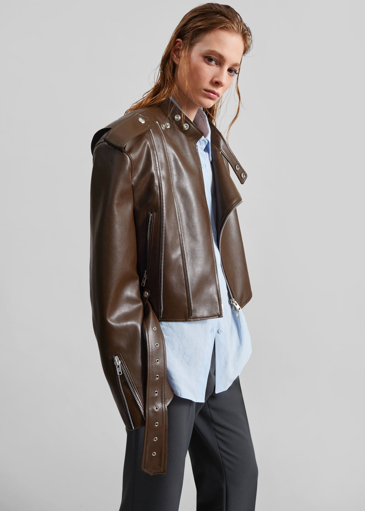 Teagan Boxy Faux Leather Jacket - Brown β view 2 of 12