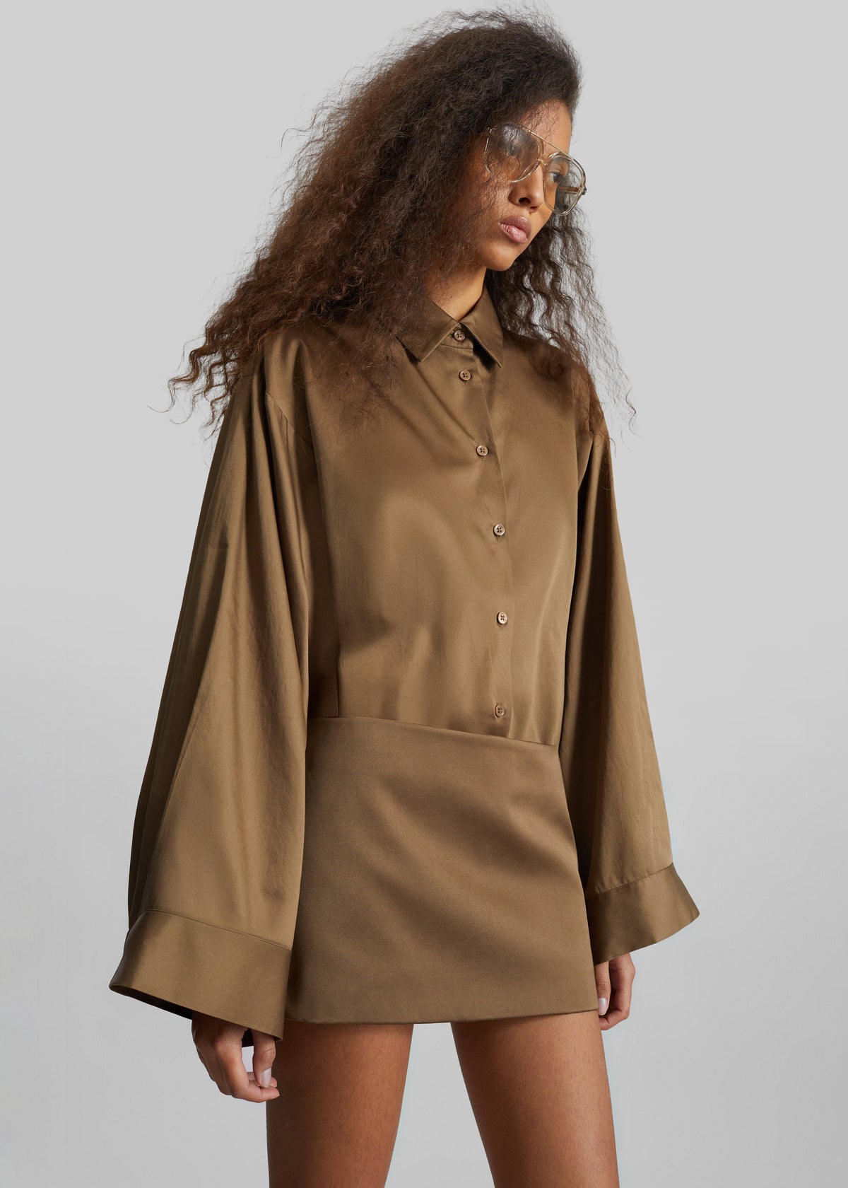 Tila Satin Wide Sleeve Shirt - Brown β view 5 of 6