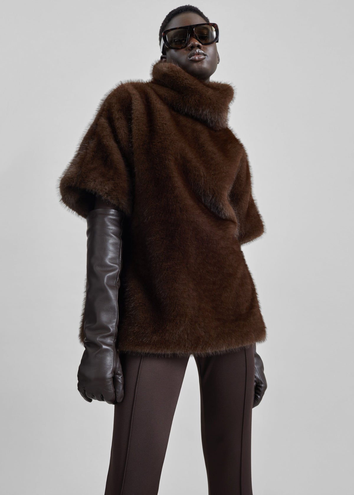 Trento Faux Fur Mock Neck Top - Dark Brown β view 3 of 6