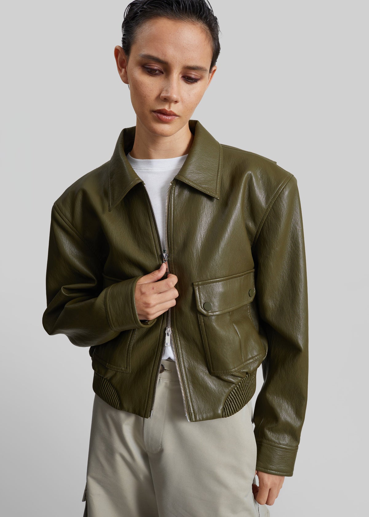 Val Faux Leather Padded Jacket - Army Green β view 1 of 7