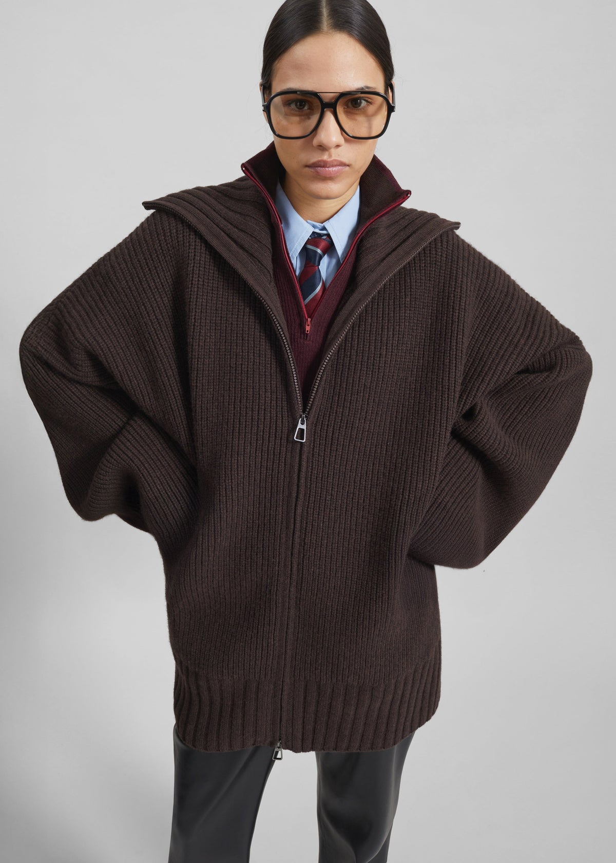 Veda Oversized Zip-Up Cardigan - Brown β view 1 of 10