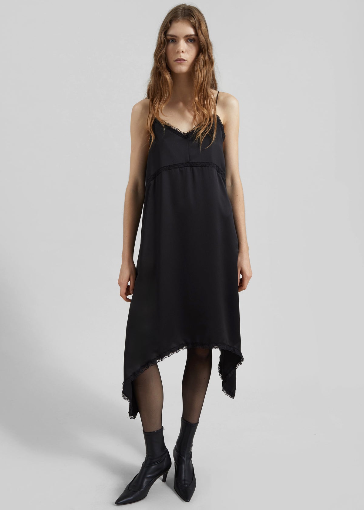Velanne Satin Lace Trim Dress - Black β view 1 of 6