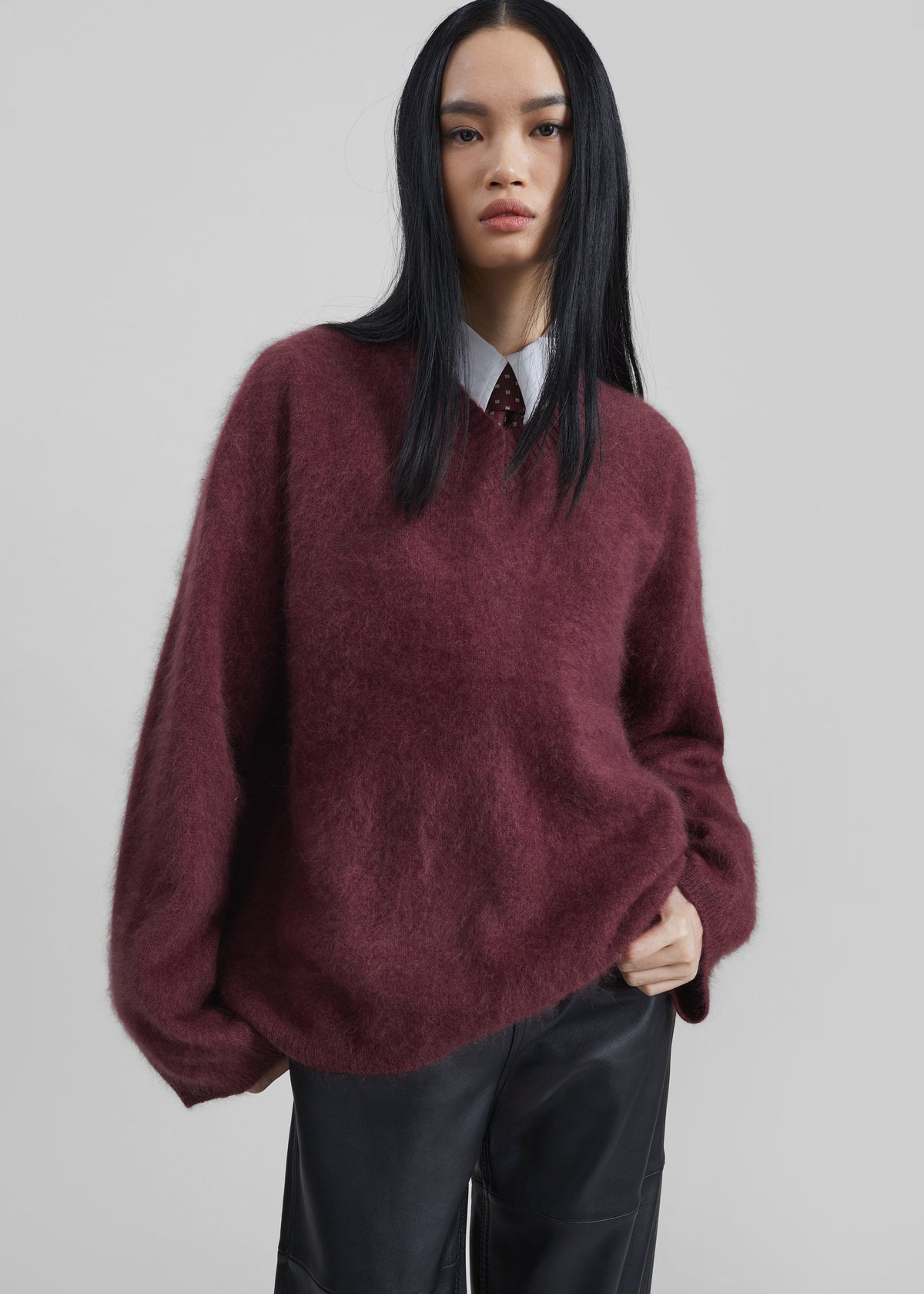 Vilhena Wool Fuzzy V-Neck Sweater - Burgundy β view 1 of 13