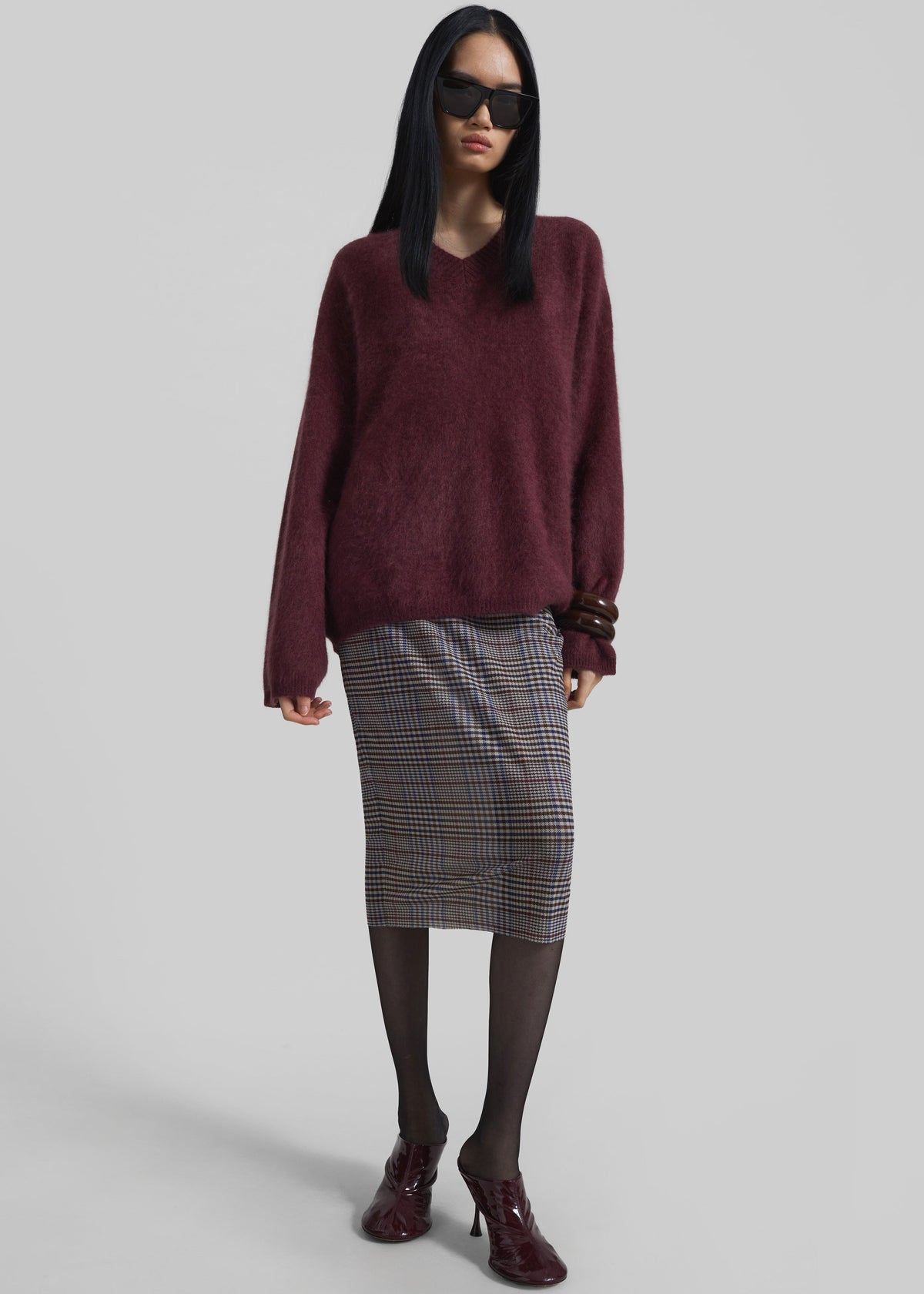 Vilhena Wool Fuzzy V-Neck Sweater - Burgundy β view 7 of 13