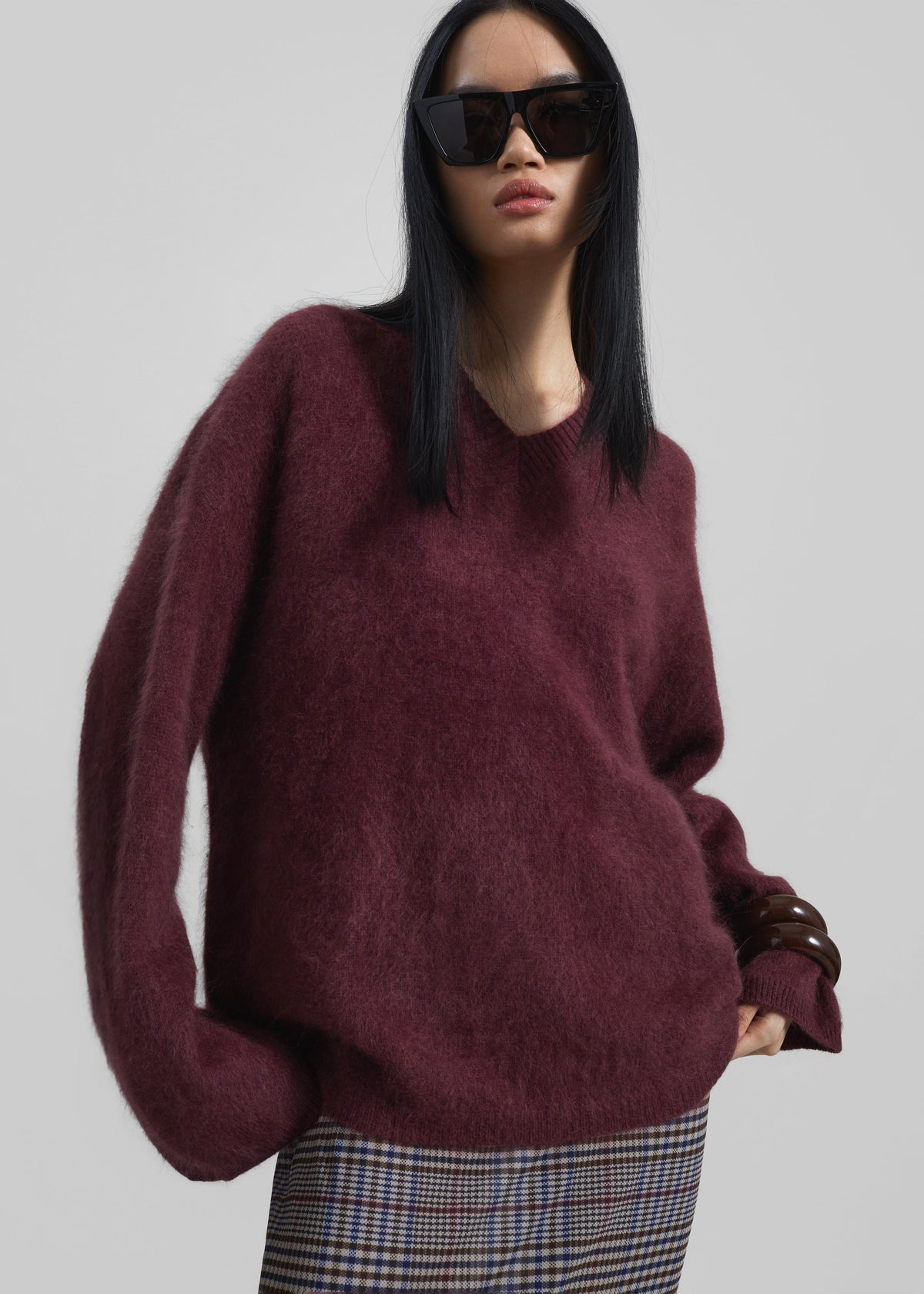 Vilhena Wool Fuzzy V-Neck Sweater - Burgundy β view 9 of 13