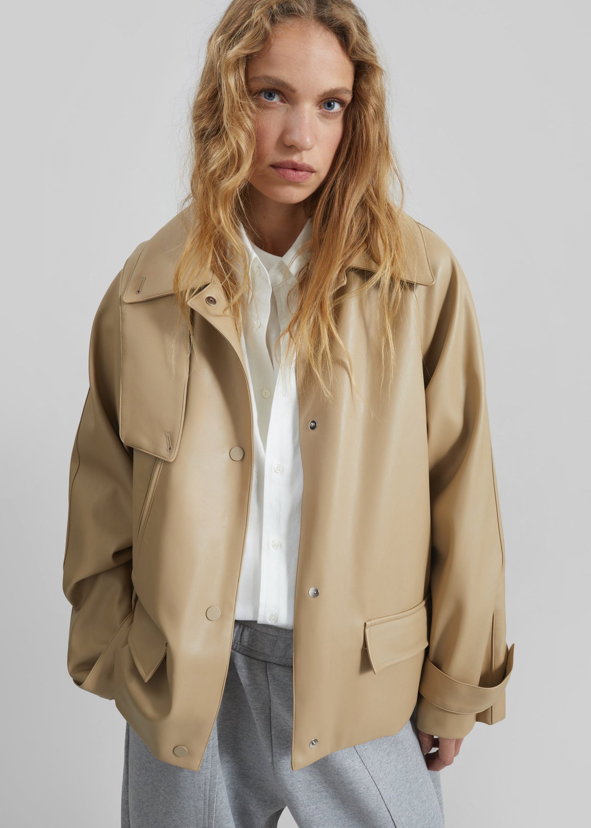 Viran Faux Leather Belted Jacket - Beige β view 3 of 8
