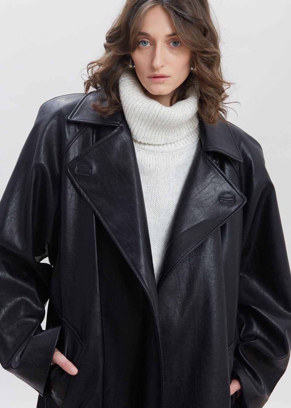 Oversized Box Shoulder Faux Leather Trench in Leather Coat Paper Moon β view 9 of 11
