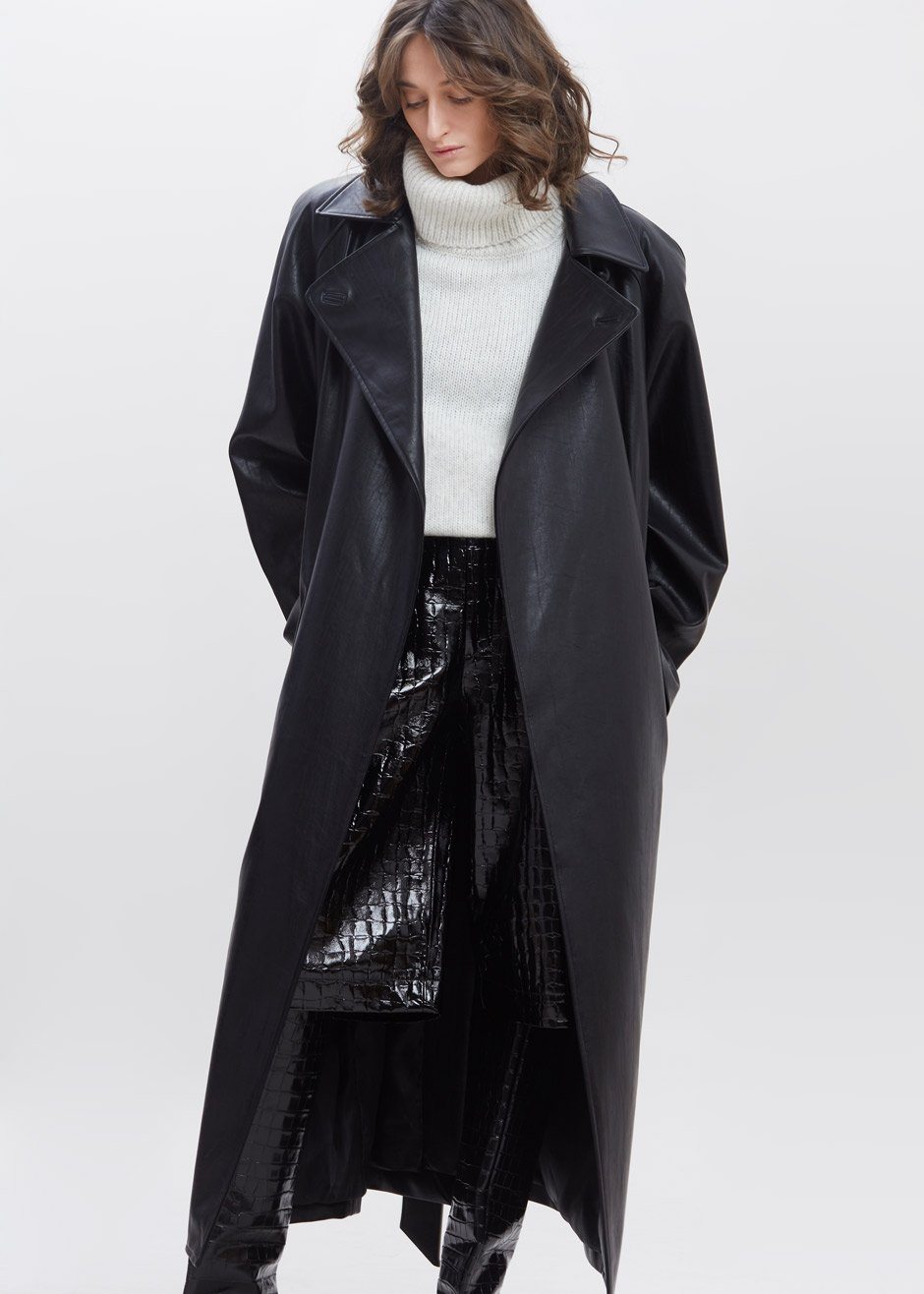 Oversized Box Shoulder Faux Leather Trench in Leather Coat Paper Moon β view 6 of 11
