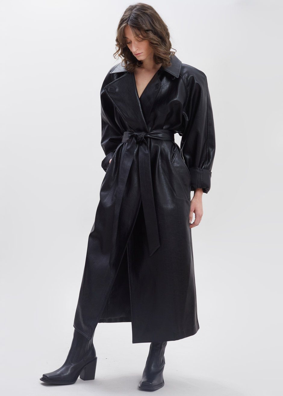 Oversized Box Shoulder Faux Leather Trench in Leather Coat Paper Moon β view 8 of 11