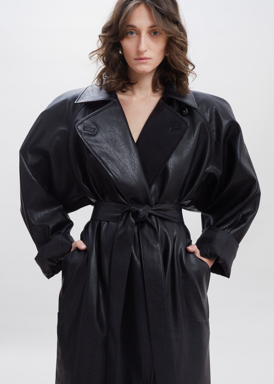 Oversized Box Shoulder Faux Leather Trench in Leather Coat Paper Moon β view 7 of 11