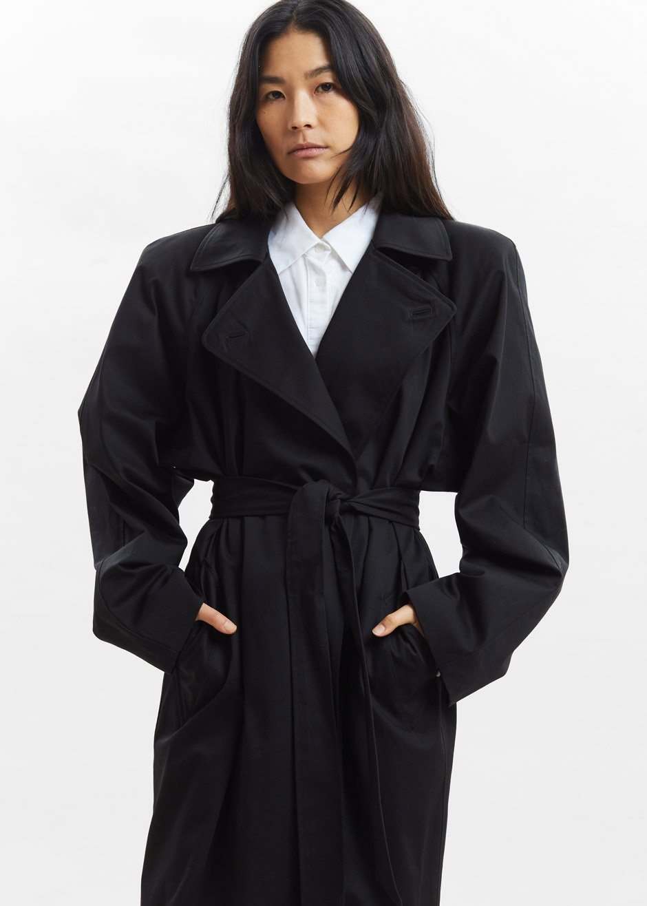 Woven Box Shoulder Trench in Black Coat Paper Moon β view 10 of 13