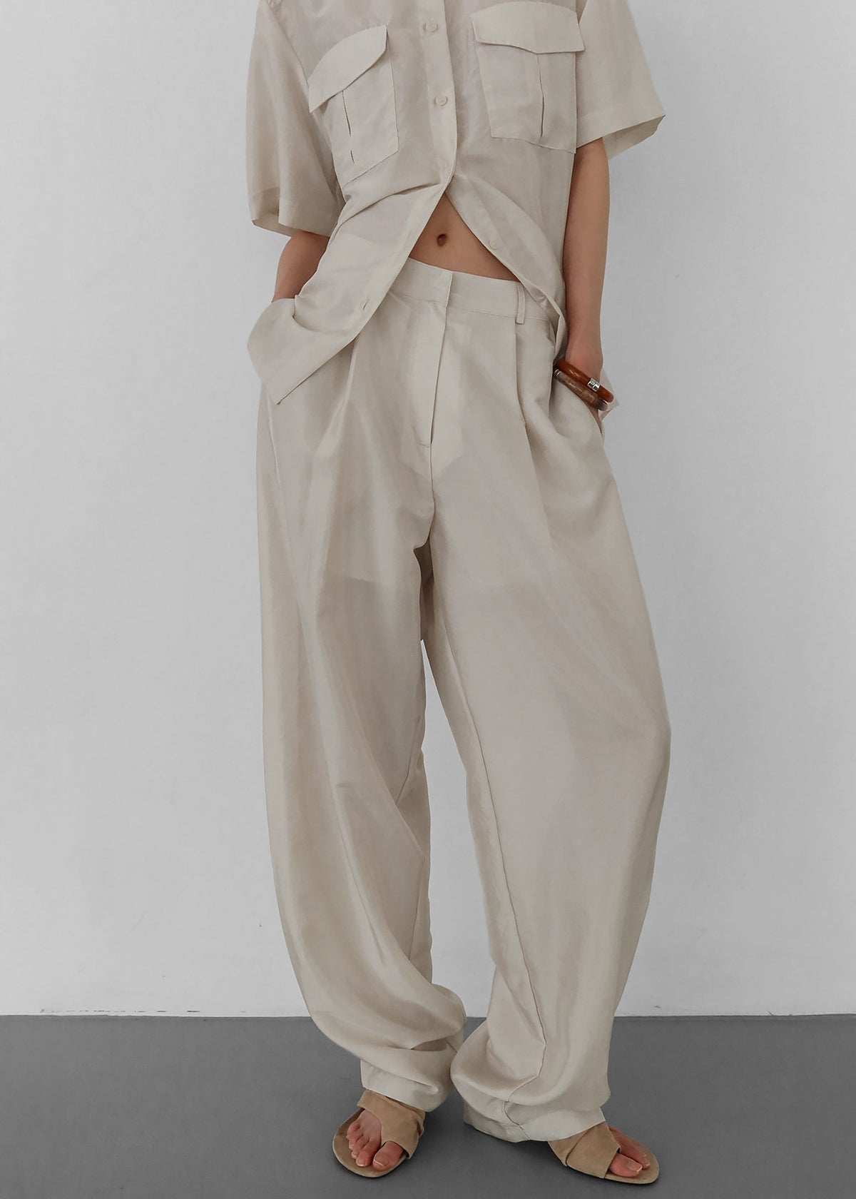 Aduna Satin Pleated Trousers - Light Beige – view 2 of 8