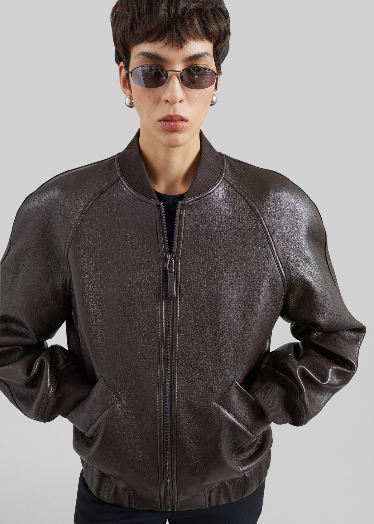 Alena Faux Leather Bomber Jacket - Dark Brown – view 4 of 8
