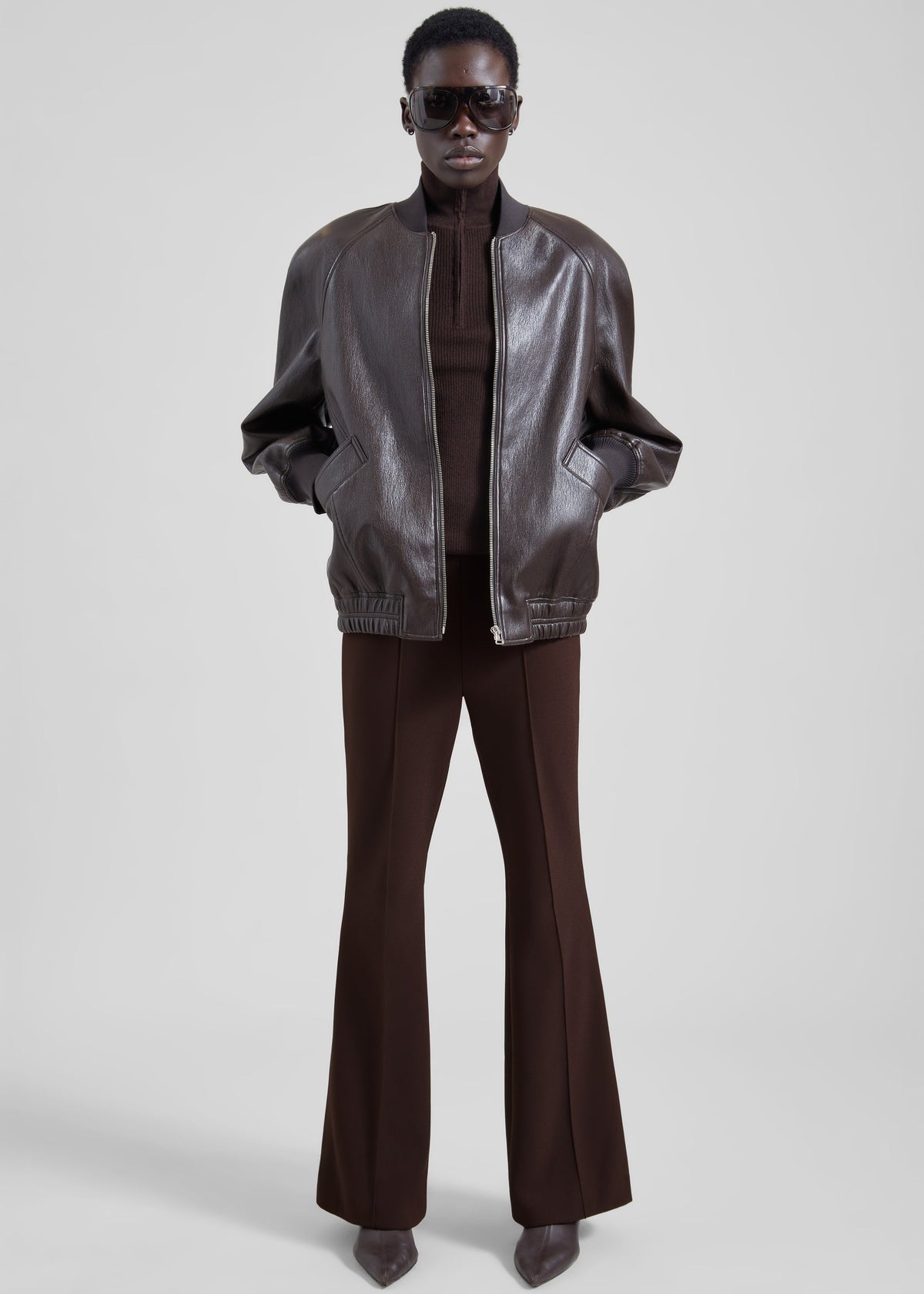 Alena Faux Leather Bomber Jacket - Dark Brown – view 5 of 8