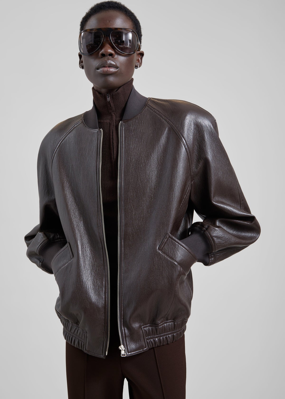 Alena Faux Leather Bomber Jacket - Dark Brown – view 1 of 8