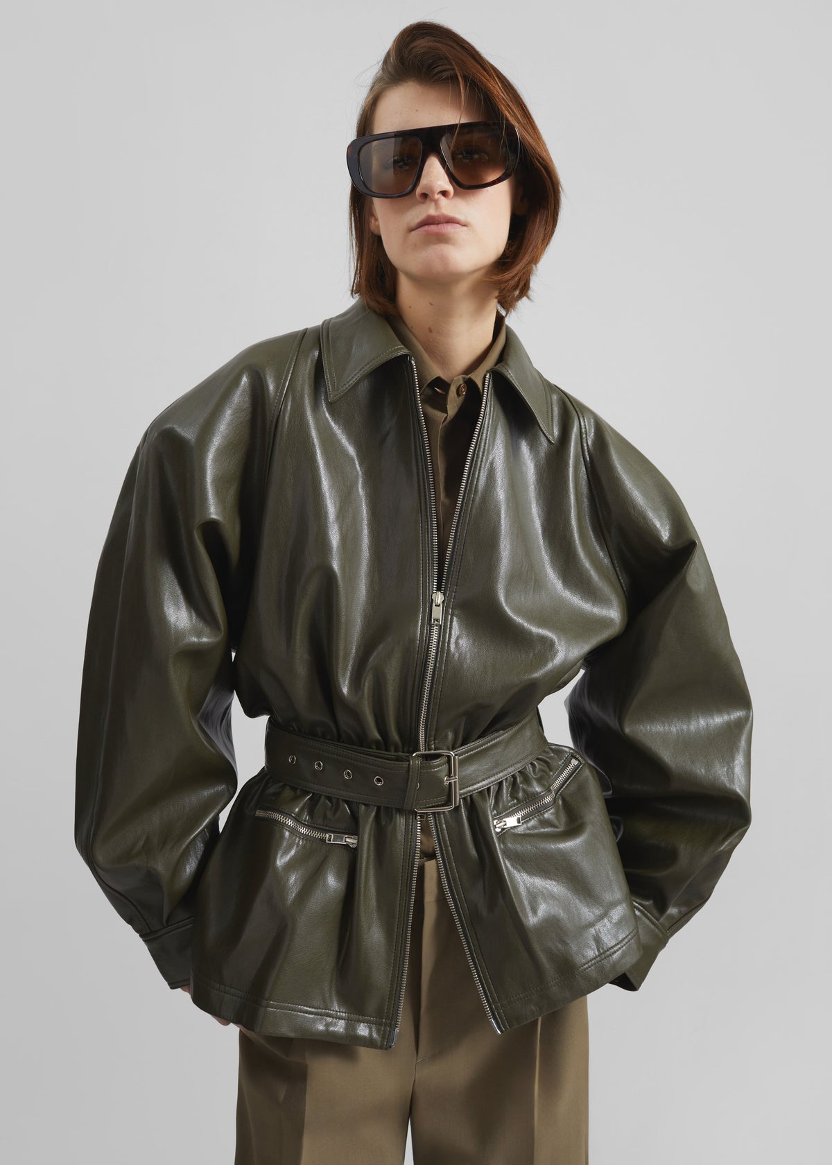Annette Faux Leather Peplum Jacket - Olive – view 4 of 9