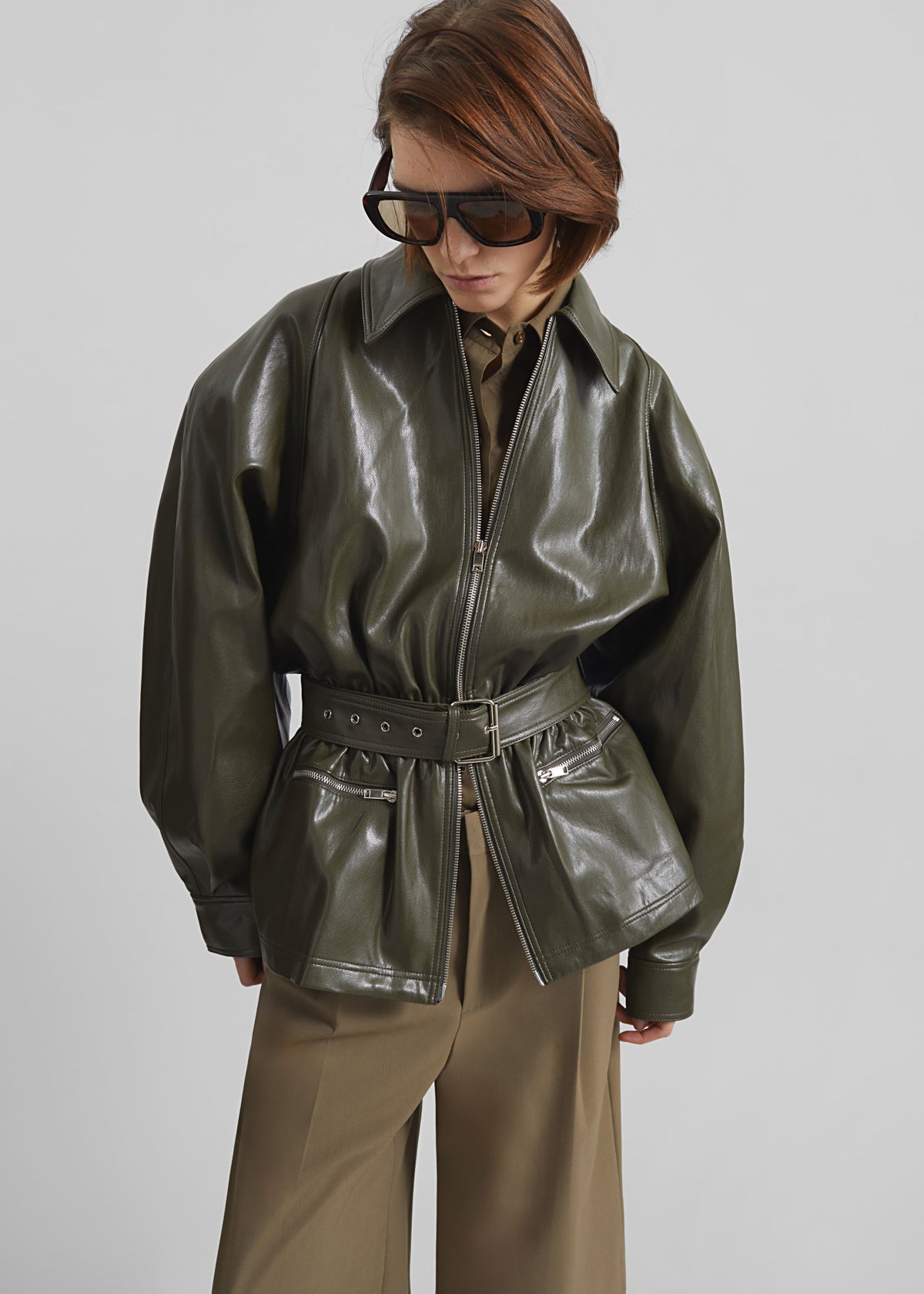 Annette Faux Leather Peplum Jacket - Olive – view 3 of 9