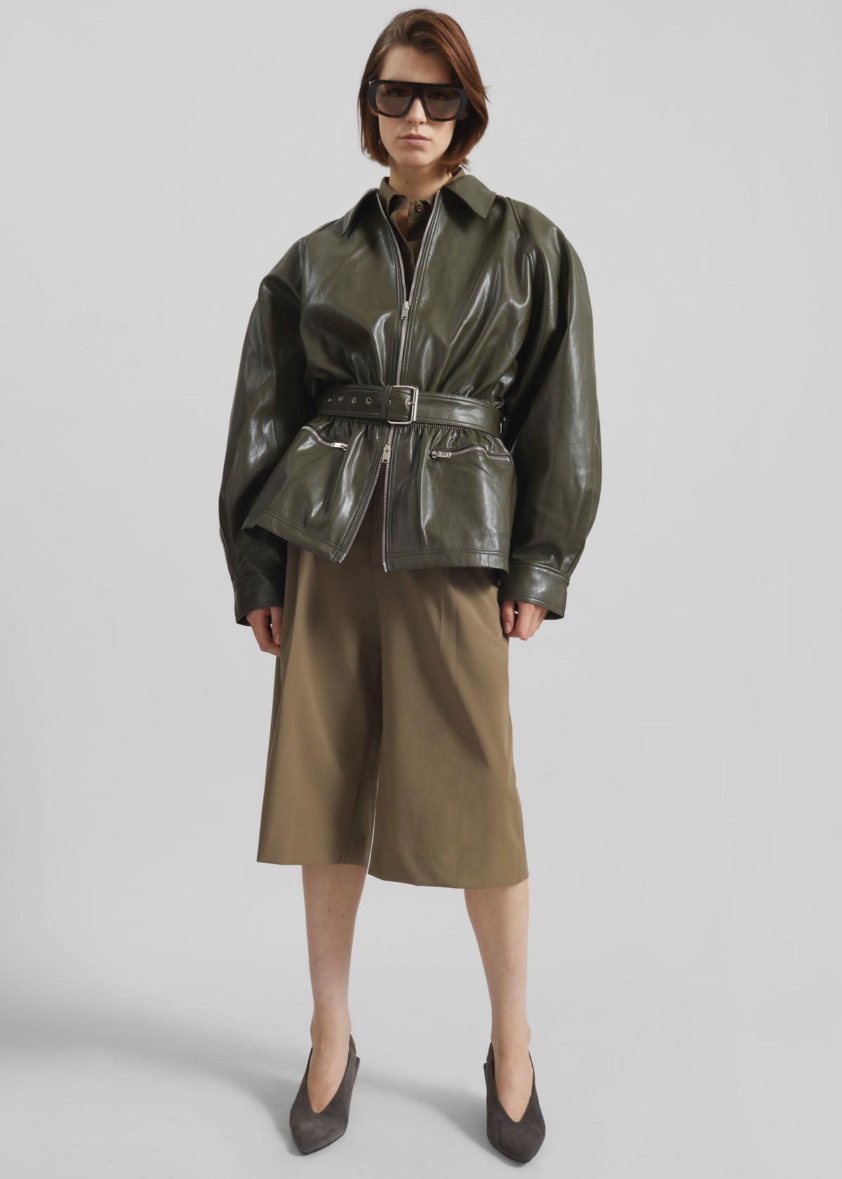 Annette Faux Leather Peplum Jacket - Olive – view 2 of 9