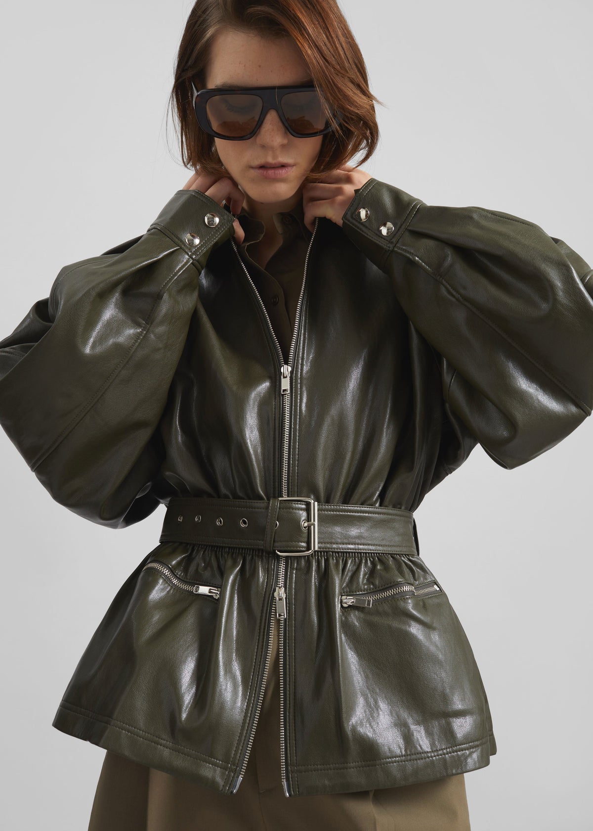 Annette Faux Leather Peplum Jacket - Olive – view 1 of 9