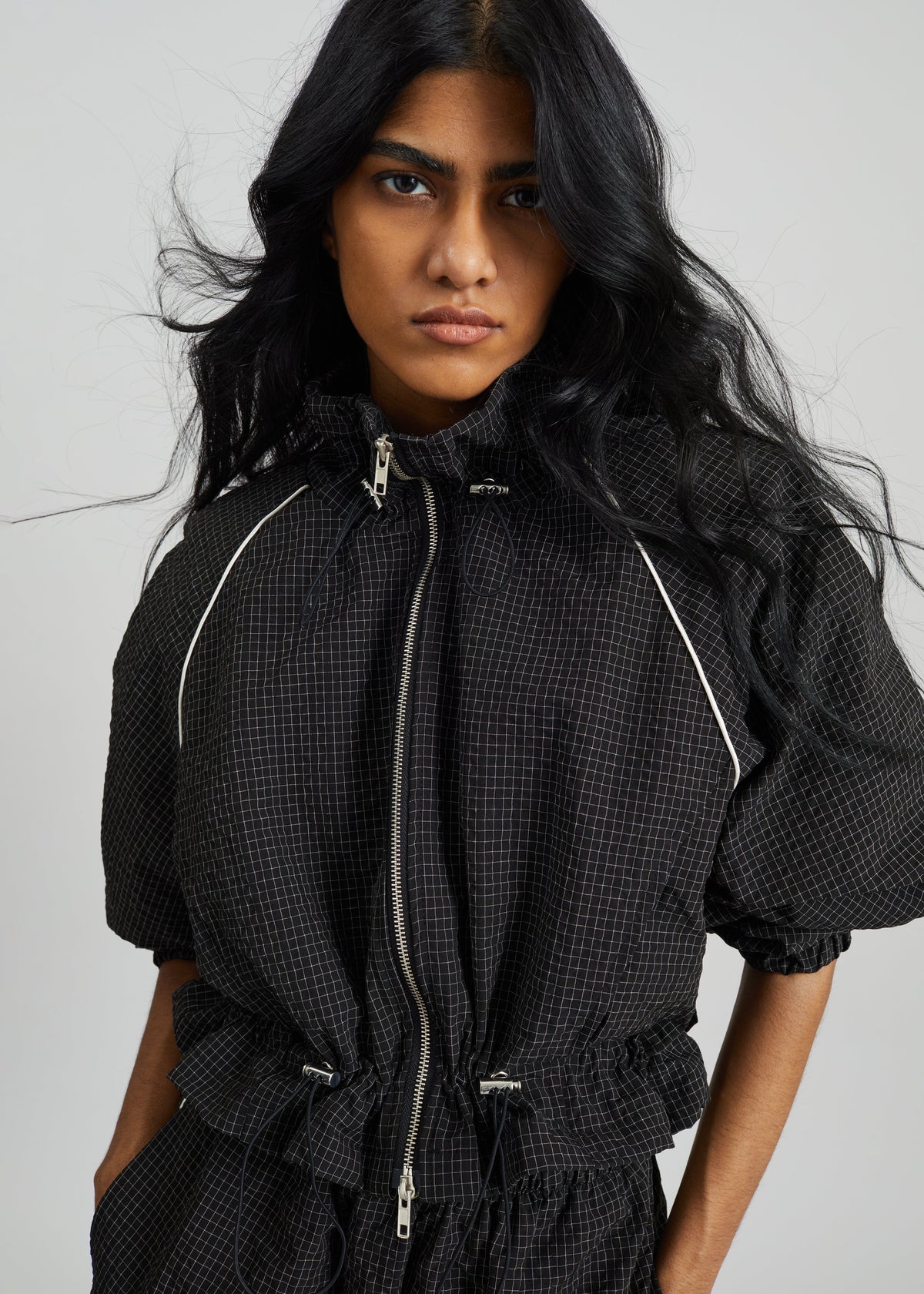Arizona Seersucker Drawstring Track Jacket - Checked Black – view 2 of 11