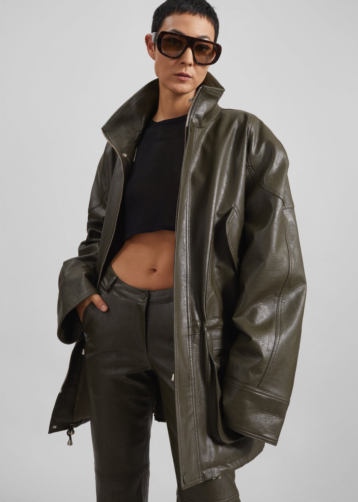Ascona Faux Leather Jacket - Dark Olive – view 4 of 12