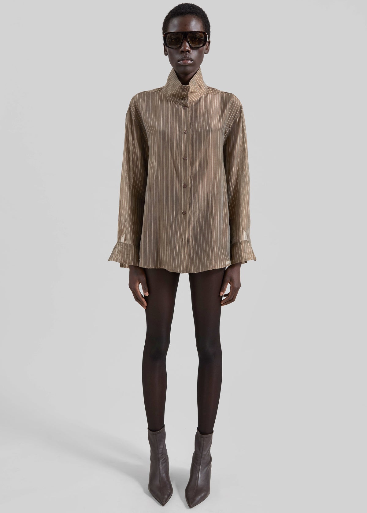 Avila Sheer Fluid Shirt - Brown/White Stripe – view 4 of 9