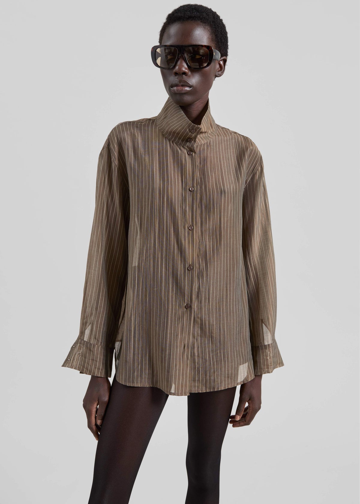 Avila Sheer Fluid Shirt - Brown/White Stripe – view 5 of 9