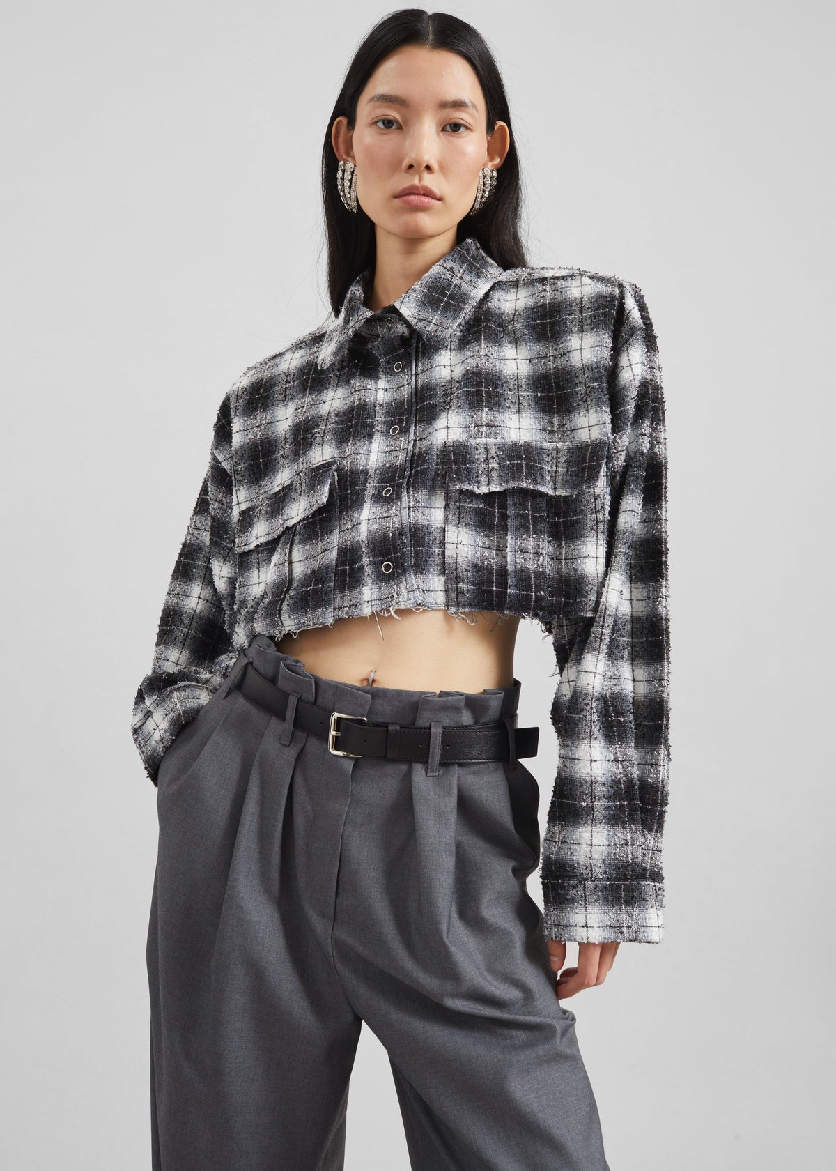 Biasca Distressed Cropped Shirt - Black Plaid – view 1 of 10