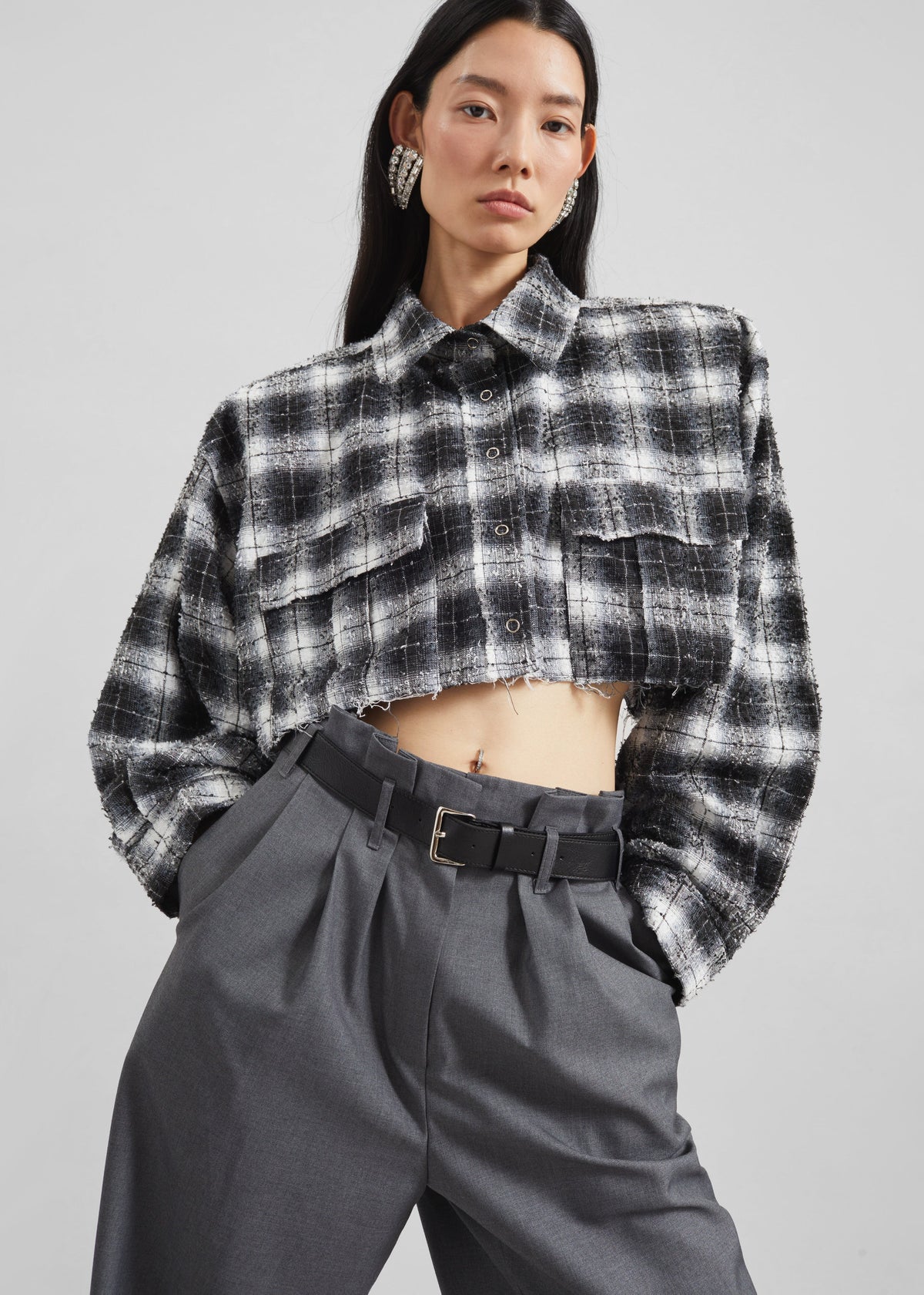 Biasca Distressed Cropped Shirt - Black Plaid – view 8 of 10