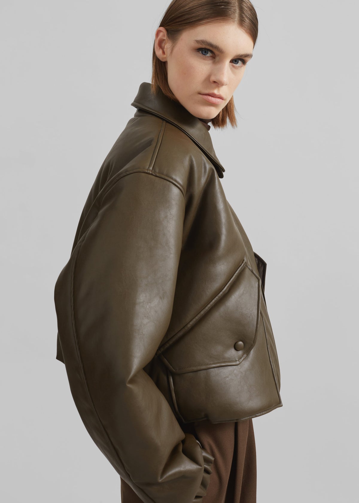 Blane Faux Leather Padded Bomber Jacket - Khaki Brown – view 2 of 10