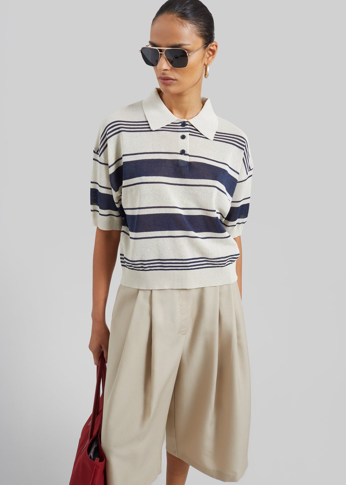 Bolea Knit Polo Top - Beige/Navy Stripe – view 2 of 10