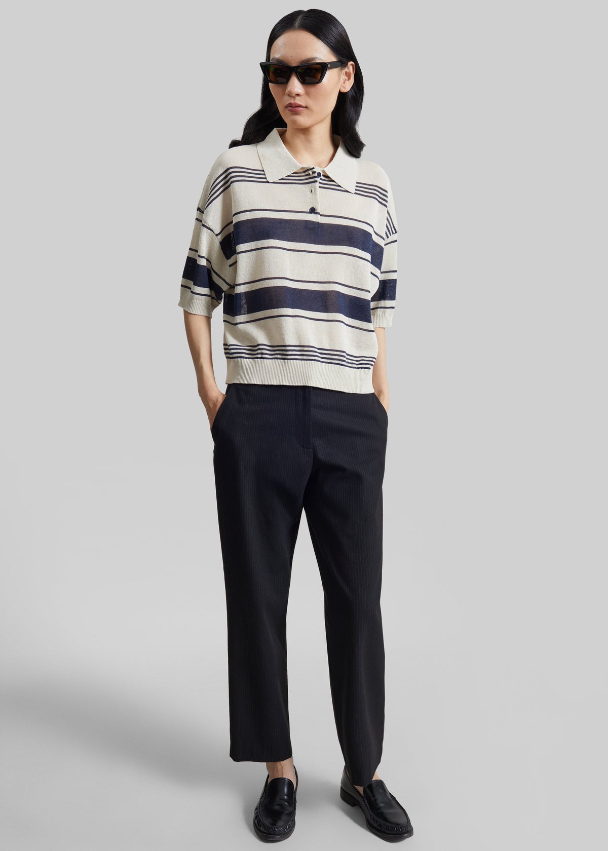 Bolea Knit Polo Top - Beige/Navy Stripe – view 8 of 10