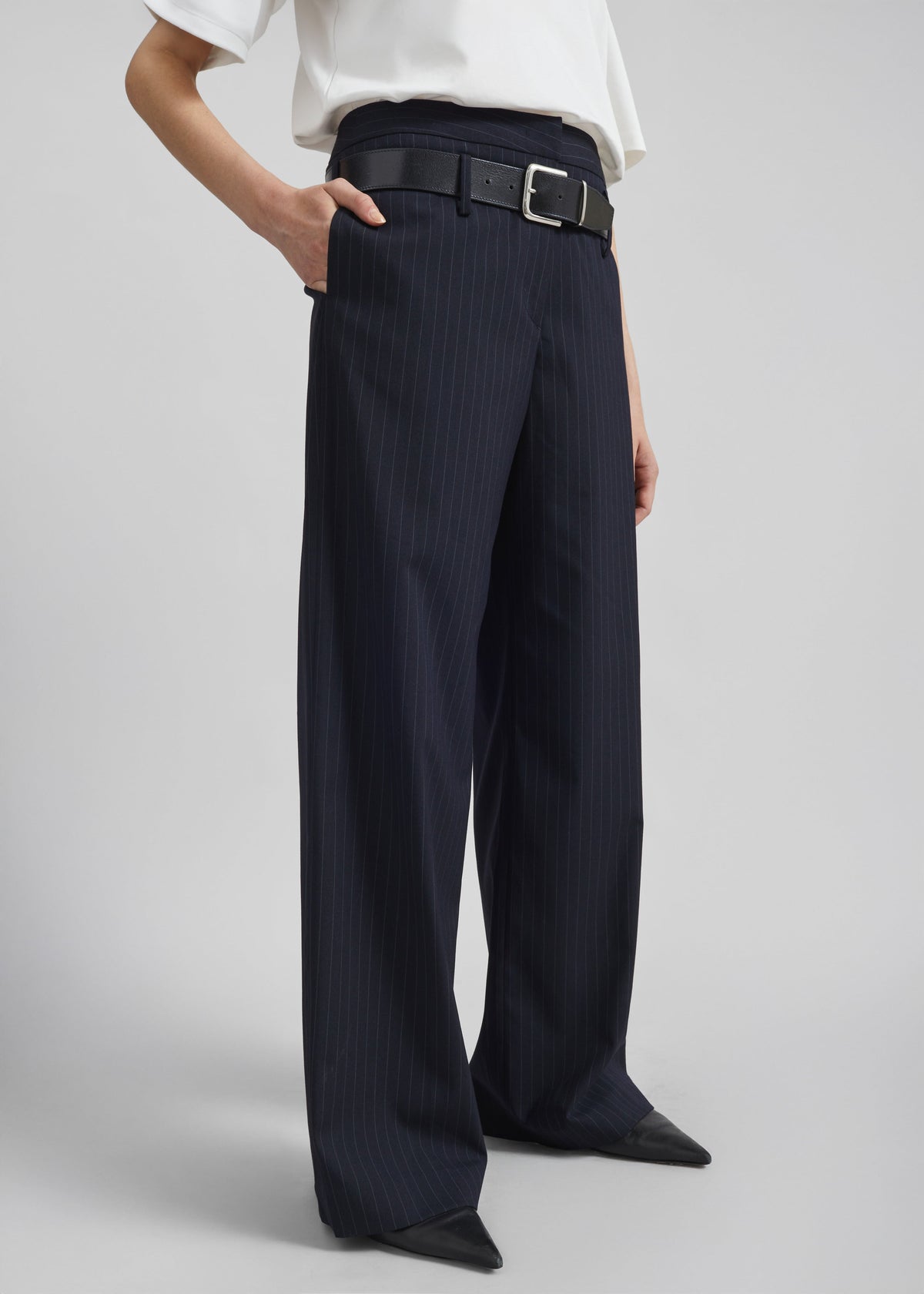 Camlez Low Belt Loop Trousers - Navy Pinstripe – view 9 of 12
