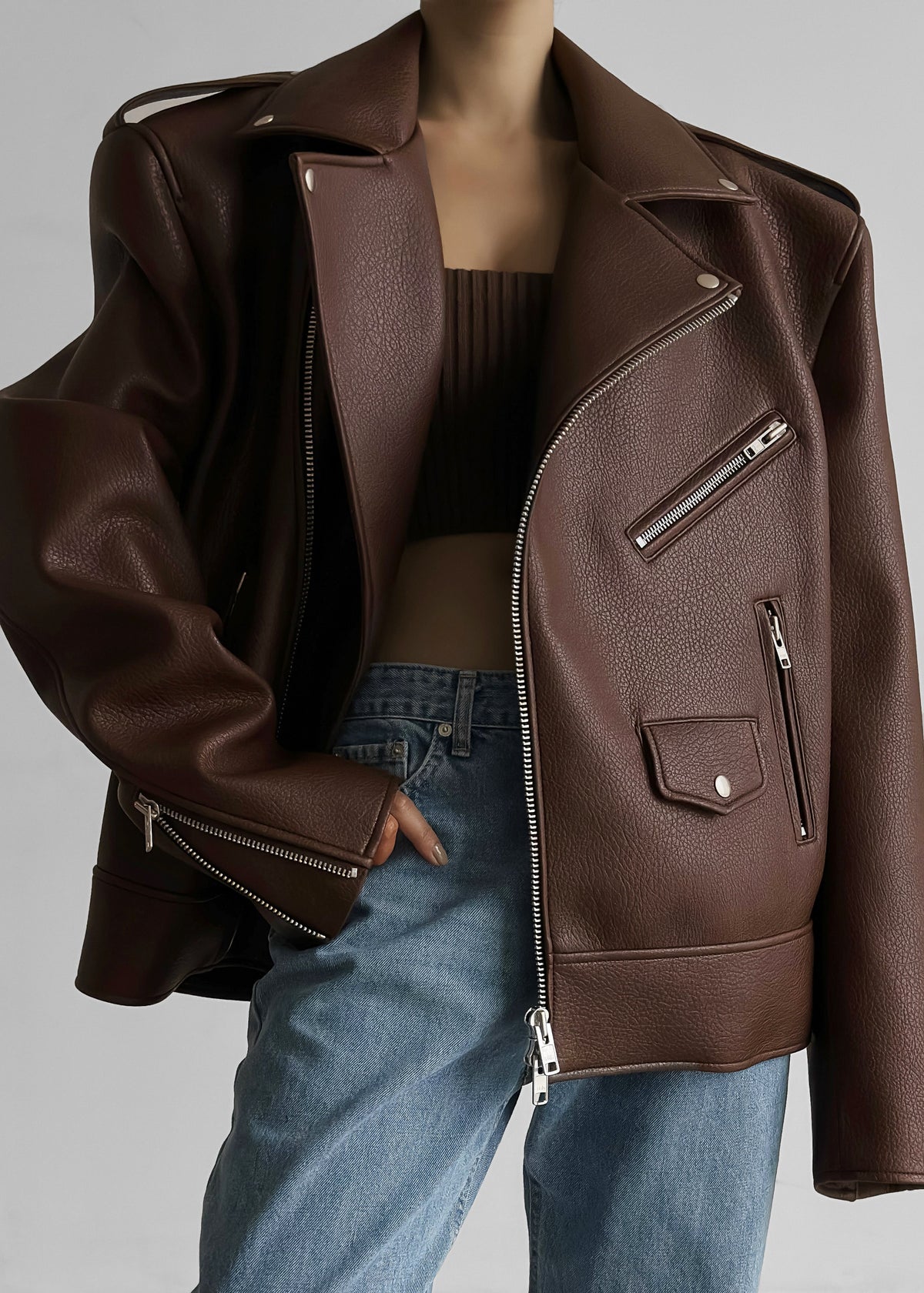 Chicago Oversized Biker Jacket - Brown – view 8 of 12