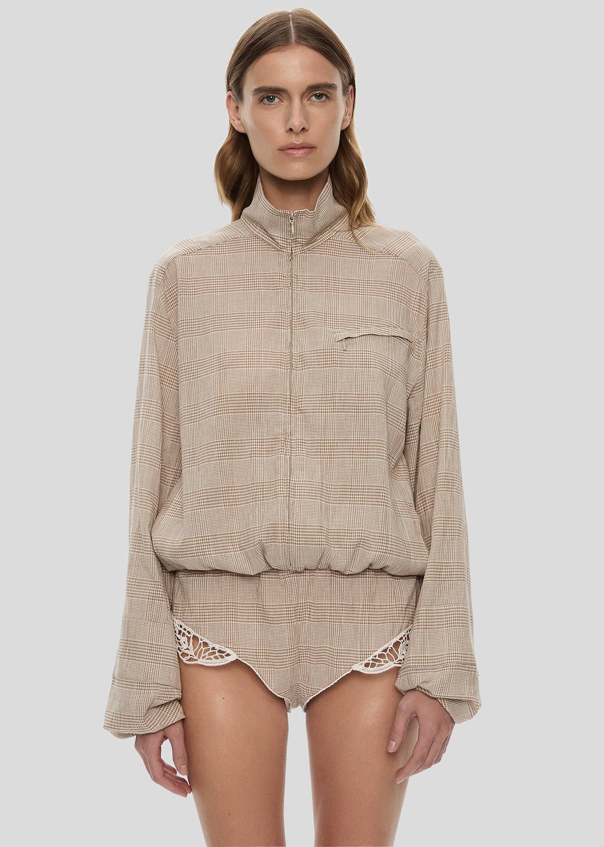 Christopher Esber Batiste Embroidered Handkerchief One Piece - Sepia Check – view 1 of 5