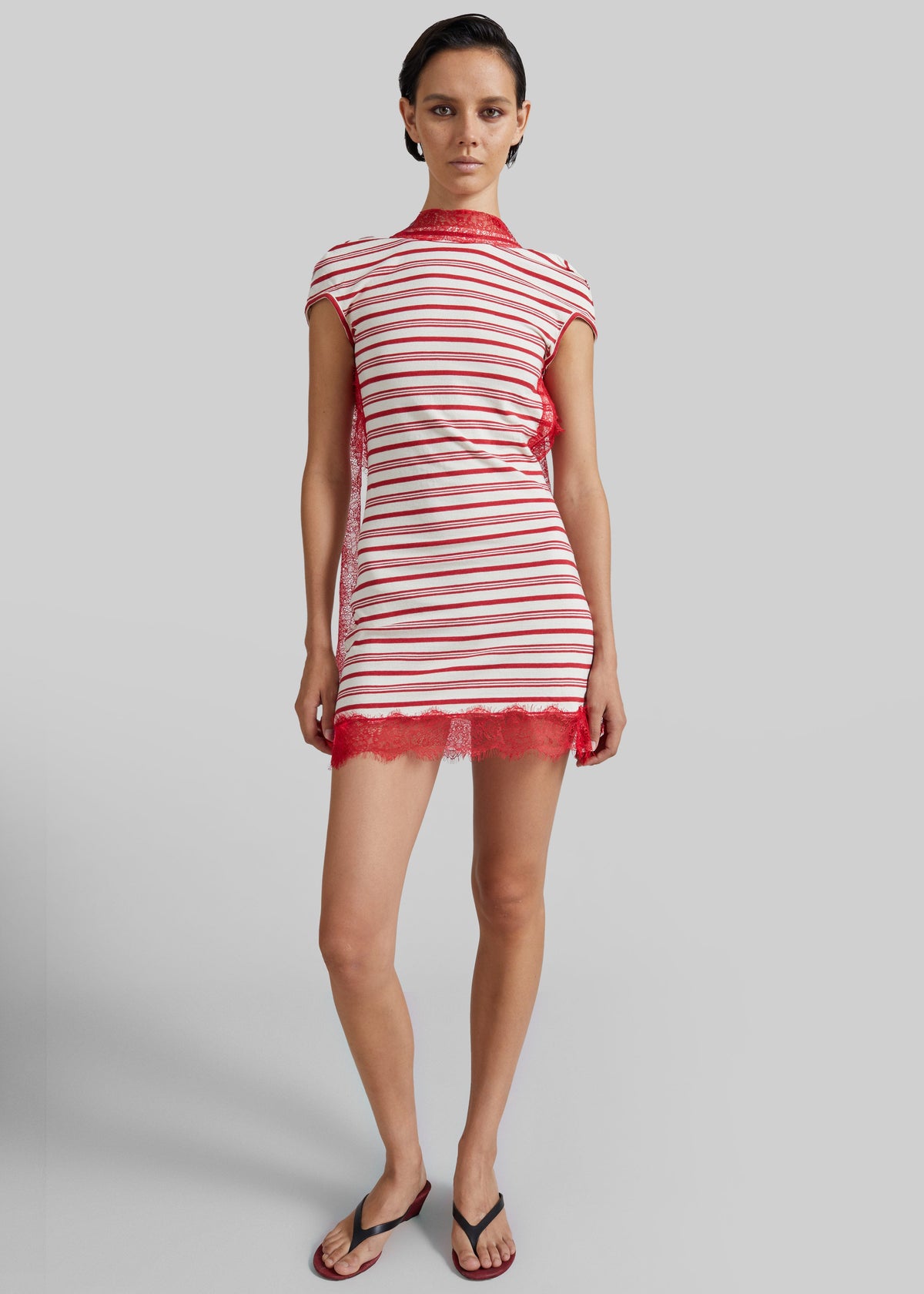 Christopher Esber Stripe Jersey Lace Trimmed Tee Dress - Flame/White – view 4 of 6
