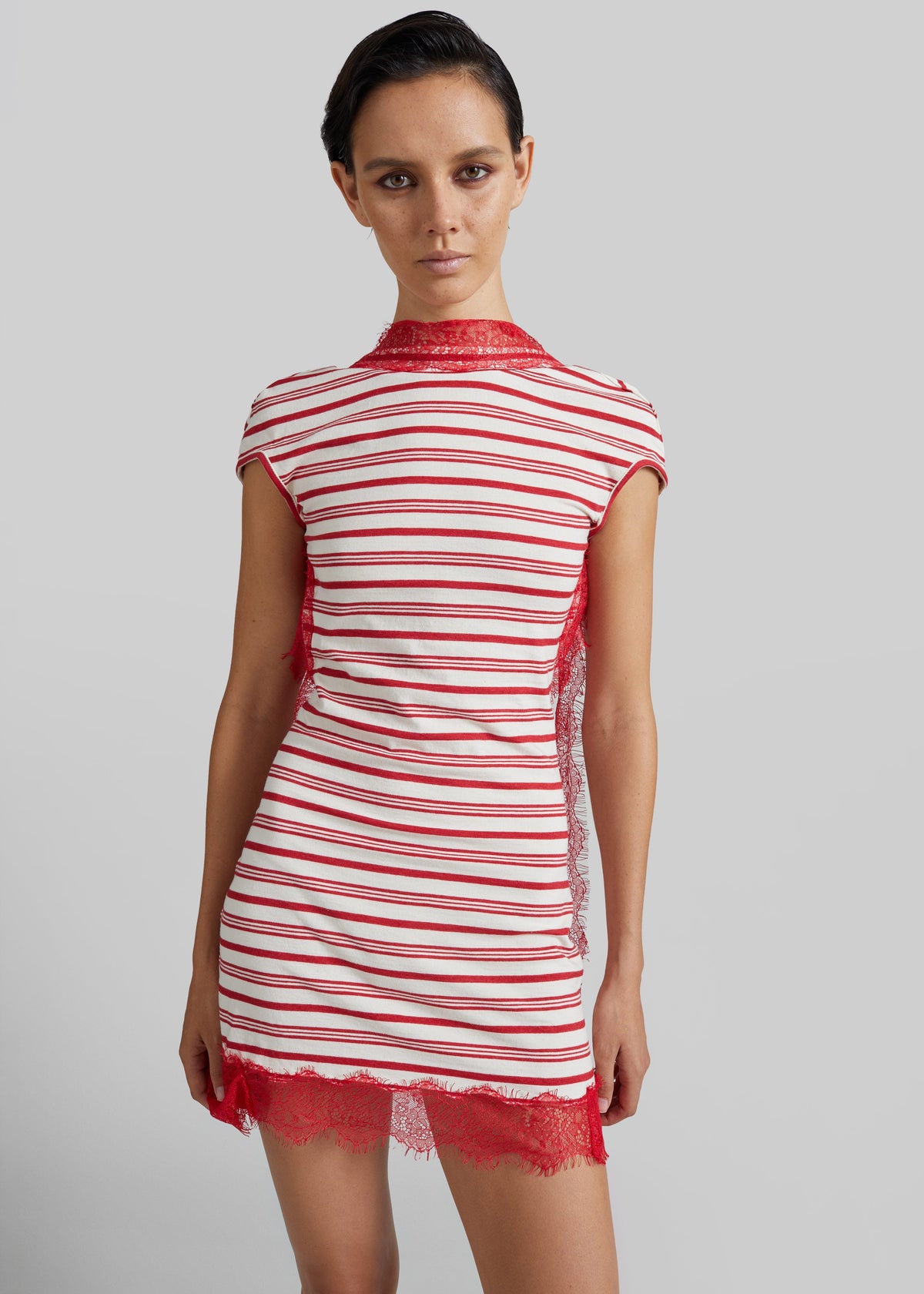 Christopher Esber Stripe Jersey Lace Trimmed Tee Dress - Flame/White – view 2 of 6