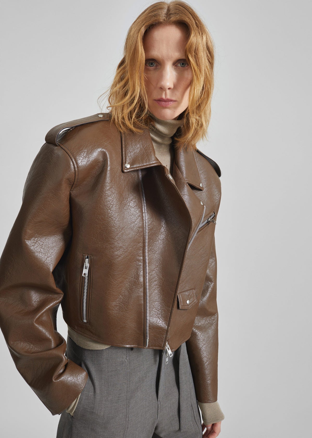 Daphne Cropped Biker Jacket - Brown – view 5 of 7